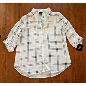 FORTUNE + IVY Christelle White & Black Plaid Button Down Blouse 3/4 Sleeve Large